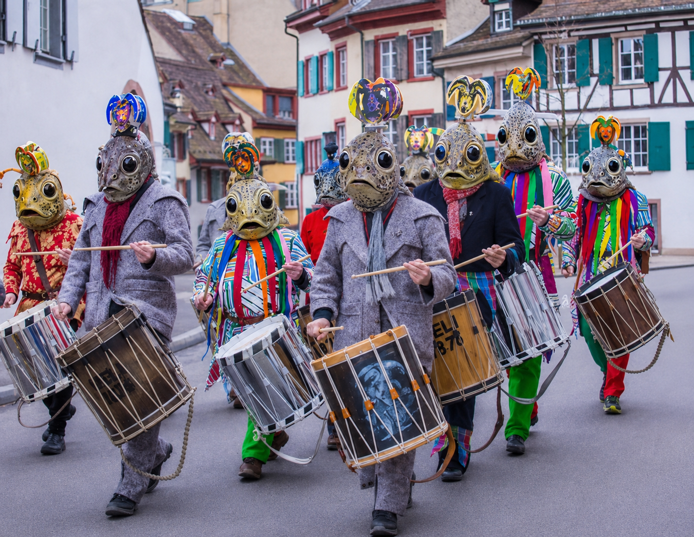 Kaulquappe-Trommler mit Fischmasken und bunten Bändel-Schals marschieren durch eine Basler Altstadtgasse